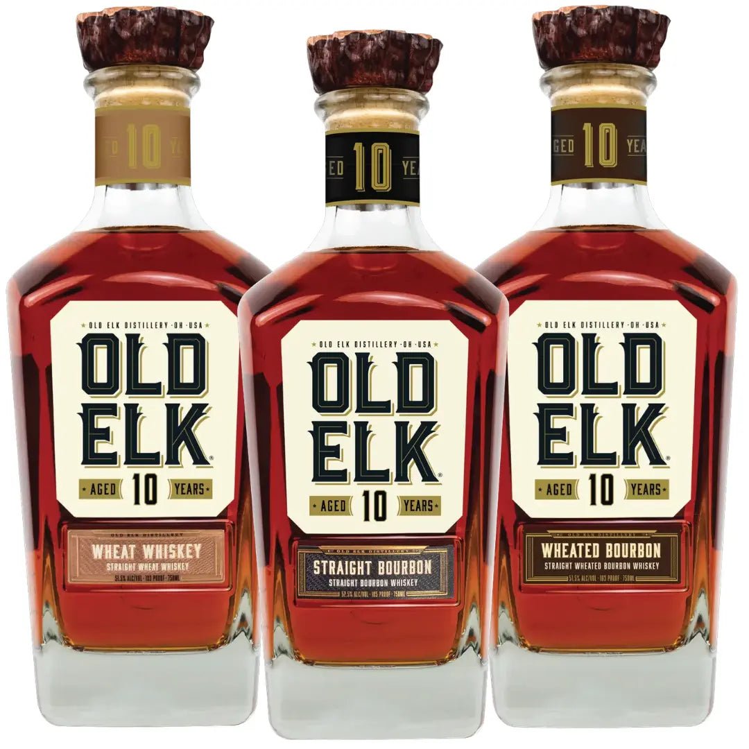 Experience the Old Elk Bourbon 10 Year Series Bundle—a distinguished American whiskey collection featuring three bottles: Bourbon Whiskey, Wheated Bourbon Whiskey, and Wheat Whiskey. Each bottle in this pre-order bundle is adorned with unique labels and elegant gold-embossed caps, showcasing the signature craftsmanship of Old Elk Bourbon.