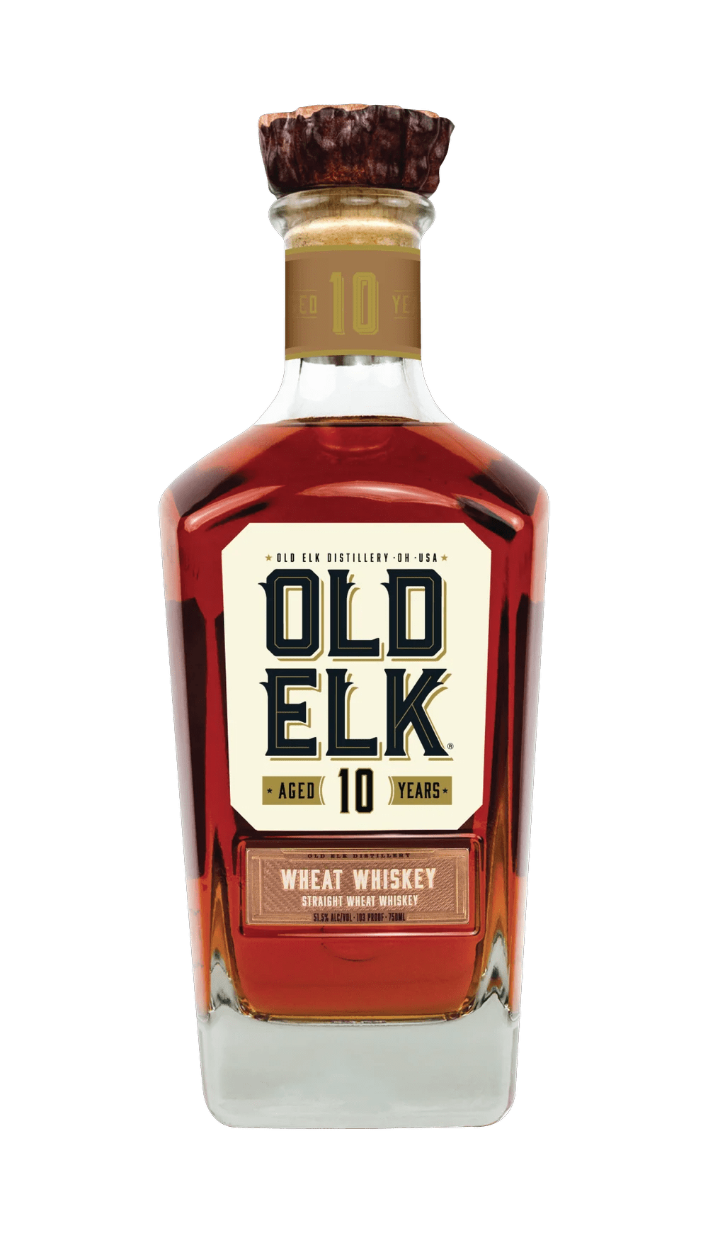 A bottle of Old Elk 10 Year Straight Wheat Whiskey (Pre-Order) from Old Elk Bourbon, a premium American whiskey aged for 10 years, featuring a gold label, wooden cap, and distinctive wide-shouldered bottle with rich amber liquid.
