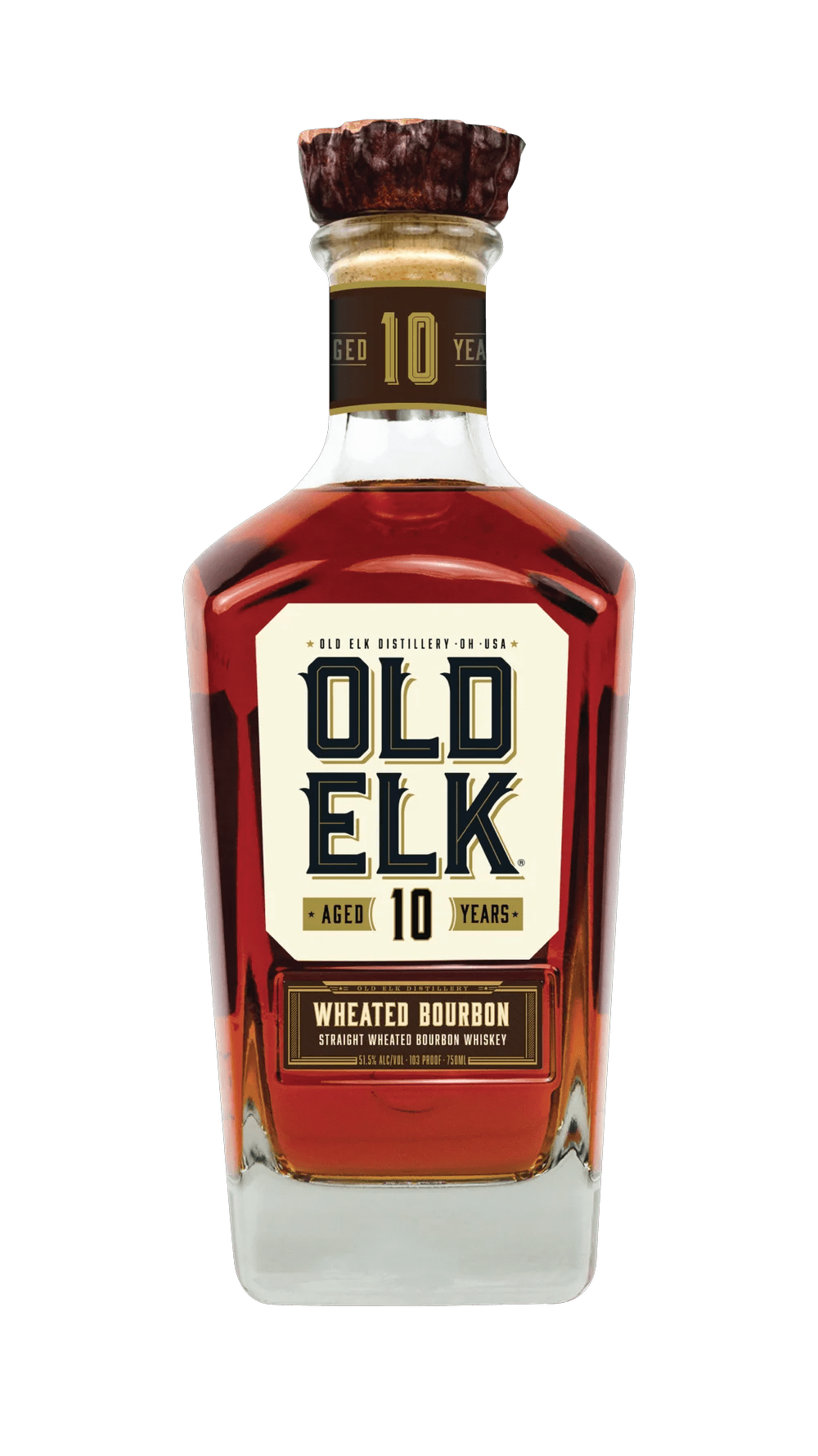 A bottle of Old Elk 10 Year Straight Wheated Bourbon Whiskey 750mL from Old Elk Bourbon, showcasing a distinctive square design and rich amber spirit, with a sophisticated label in gold, cream, and black—ideal for anyone seeking a premium aged bourbon experience.
