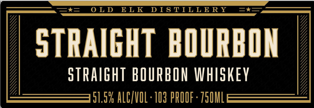 Label for Old Elk Bourbon 10 Year Straight Bourbon Whiskey, highlighting its premium bourbon quality with 51.5% alcohol by volume (103 proof) in a 750ml bottle, set against a striking black and gold background.