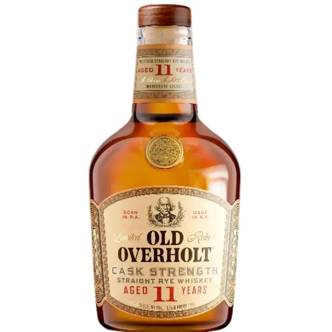 A bottle of Old Overholt Extra Aged Cask Strength 11 Year Rye Whiskey 2026, a limited release rye from Old Overholt, aged for 11 years and packaged with a beige and red label displaying the product details.