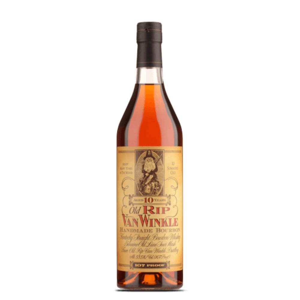 A bottle of Old Rip Van Winkle 10 Year Old by Buffalo Trace, featuring a gold label and black cap with amber liquid, stands upright against a white background.