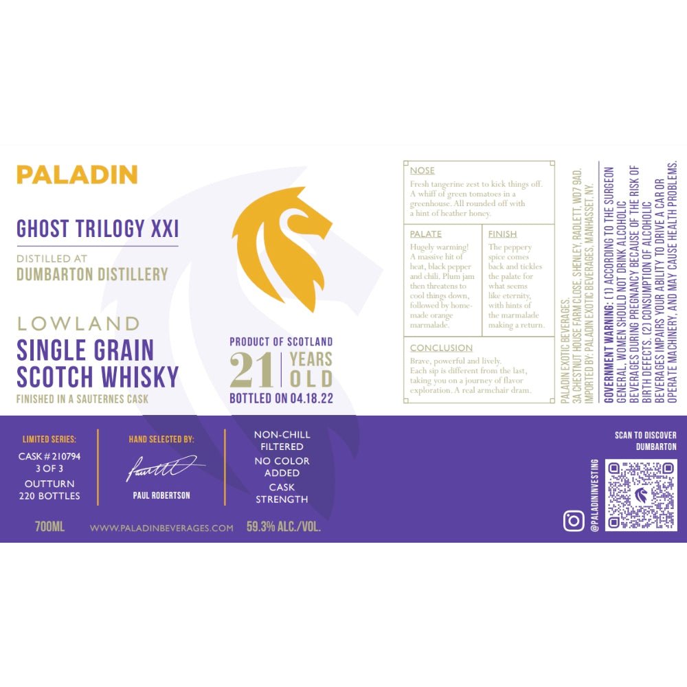 Paladin Ghost Trilogy XXI Dumbarton Distillery 21 Year Old Sauternes Cask 2022 Scotch Paladin   