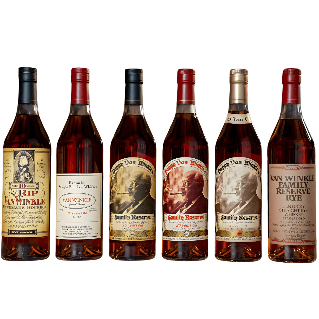 The Pappy Van Winkle’s Family Lineup Bundle Complete 6-Bottle Collection includes six distinct bottles, ideal for collectors, each with unique labels and ages from the renowned Pappy Van Winkle brand.