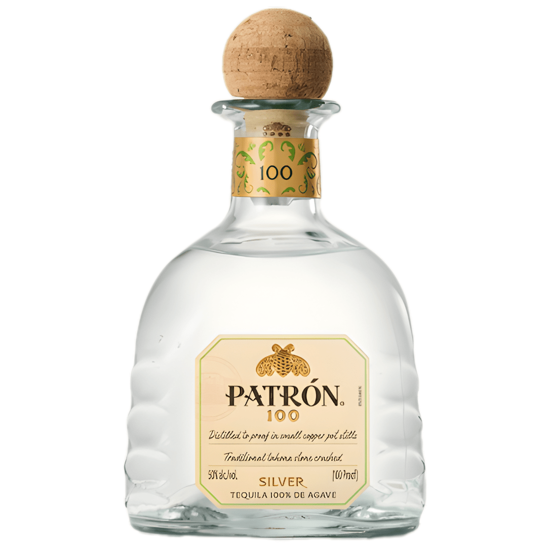 Patron 100 Silver Tequila 100 Proof 750mL features a clear glass bottle with a round wooden cork and a beige label with gold and green accents, showcasing Patron’s high-proof tequila crafted from tahona-milled agave.