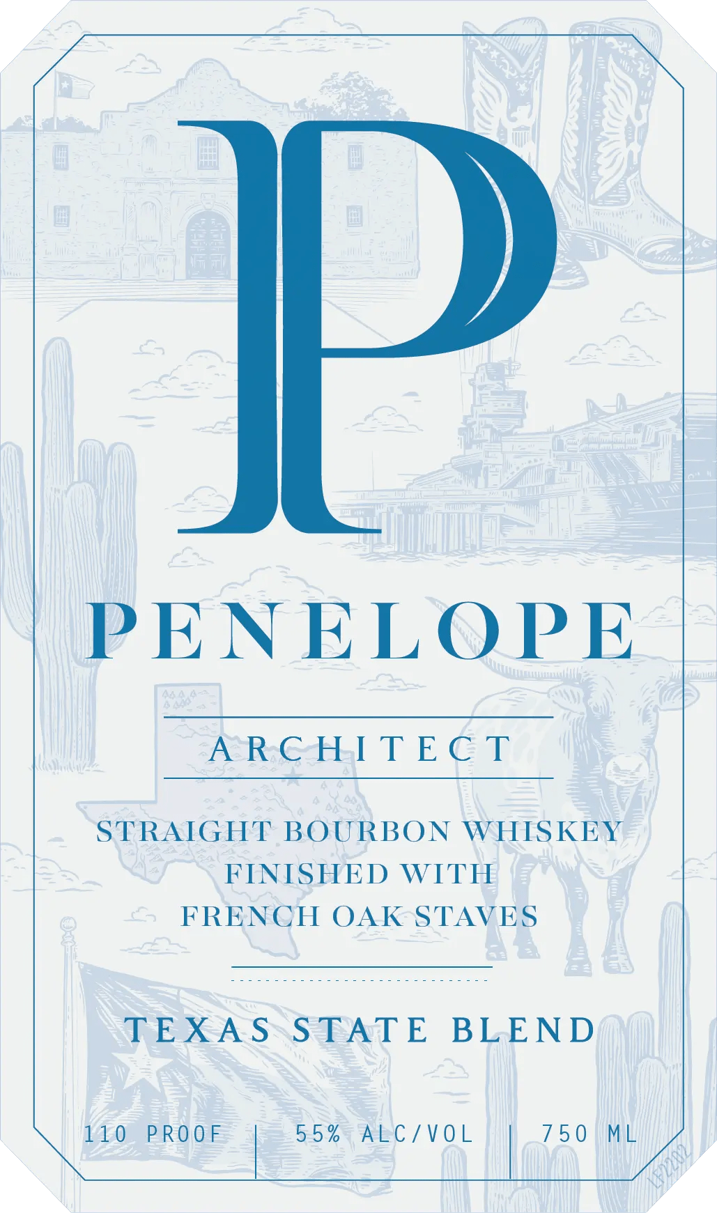 Penelope Bourbon Architect Private Build Texas State Blend Bourbon 750mL features a white label with blue illustrations—a prominent "P," cowboy boots, a mission, cacti, and a longhorn. The label reads: Penelope Architect Texas State Blend—a high-proof straight bourbon at 55% alc/vol—finished in French oak and crafted for bold character.