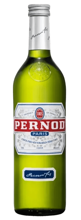 A green glass bottle of Pernod Paris cognac and vermouth spirit wine, featuring a white and red label with the brand name 'PERNOD' in bold red letters, set against a plain white background.