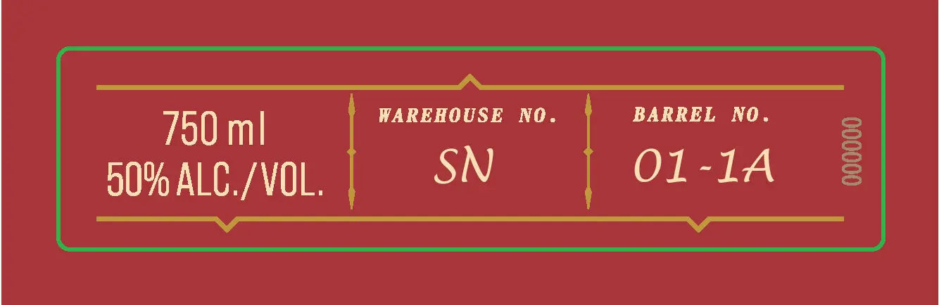 A maroon label with gold text shows: 750 ml, 50% ALC./VOL., WAREHOUSE NO.: SN, BARREL NO.: 01-1A—details of Four Roses OBSO Single Barrel Bourbon—framed by green borders and decorative lines.