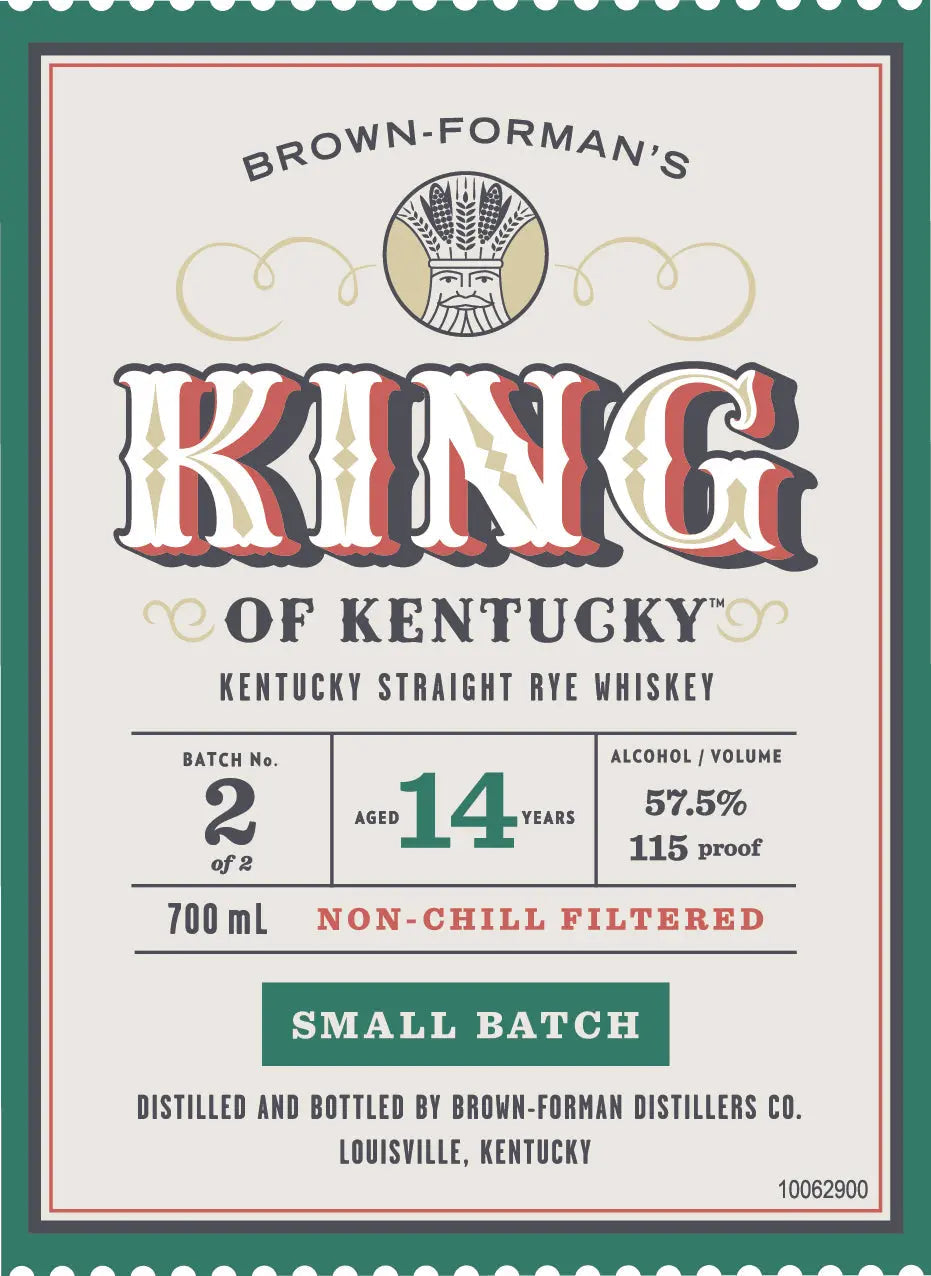 Label for King of Kentucky 14 Year Old Small Batch Rye Whiskey Batch 2, 57.5% ABV, 700mL, non-chill filtered. Crafted by King of Kentucky in Louisville, Kentucky.