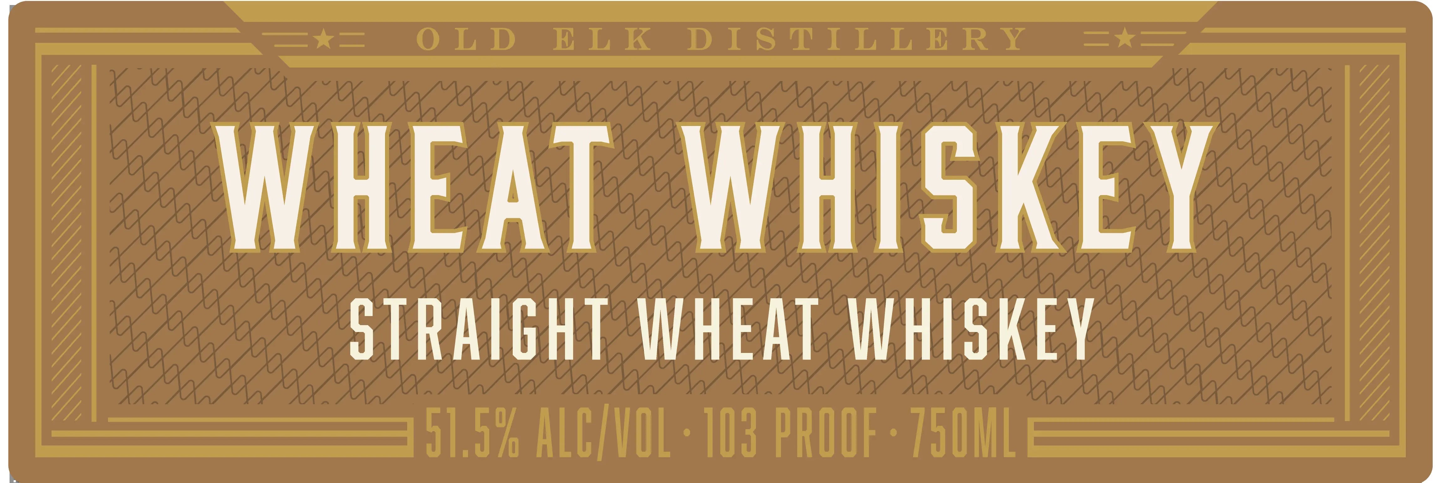 Label for Old Elk Bourbon 10 Year Straight Wheat Whiskey, highlighting its status as a premium straight wheat whiskey with 51.5% alcohol by volume (103 proof) in a 750ml bottle. Showcased on a brown and gold background, this exceptional aged whiskey reflects the quality and character of Old Elk Bourbon.