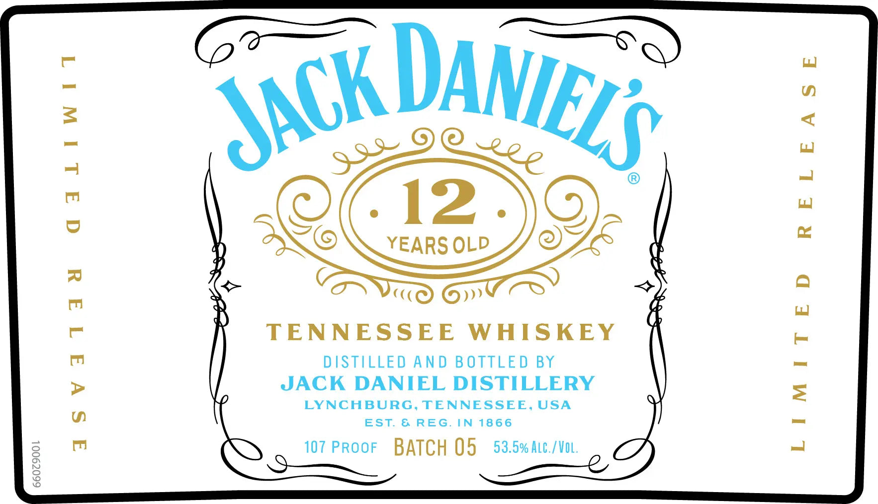 Jack Daniel's 12 Year Old Tennessee Whiskey Batch 05 (700mL), a limited release from Jack Daniel's, bottled at 53.5% alc/vol (107 proof) and distilled in Lynchburg, Tennessee, features distinctive gold and blue accents.