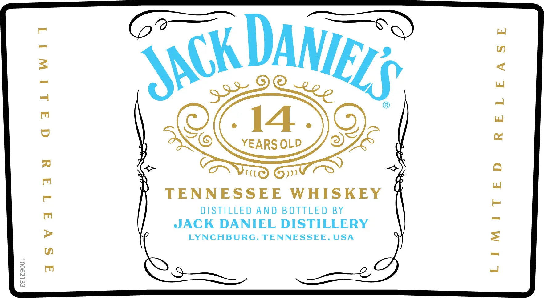 The label of Jack Daniel’s 14 Year Old Batch Proof Tennessee Whiskey Batch 03 700mL features elegant gold and blue lettering with decorative gold accents, proudly highlighting its limited release status. The words “LIMITED RELEASE” appear vertically on both sides, underscoring the exclusivity of this batch proof whiskey from Jack Daniel's.