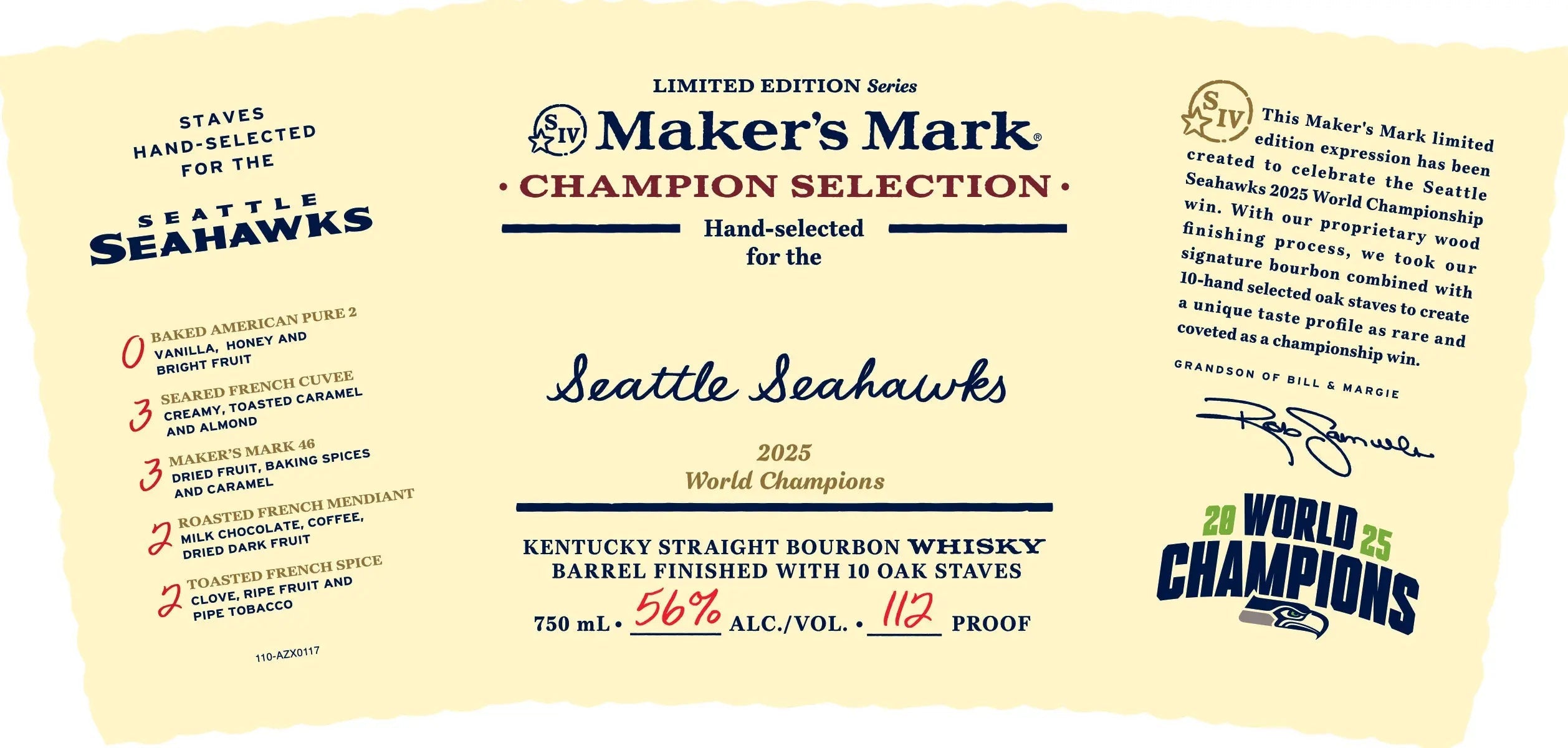 Introducing the Maker’s Mark Champion Selection Seattle Seahawks 2025 Bourbon—a limited edition release from Maker’s Mark celebrating the Seattle Seahawks as 2025 World Champions. This commemorative whiskey showcases unique bourbon details, the official Seahawks logo, and celebratory text, all presented in vibrant blue, gold, and red accents.