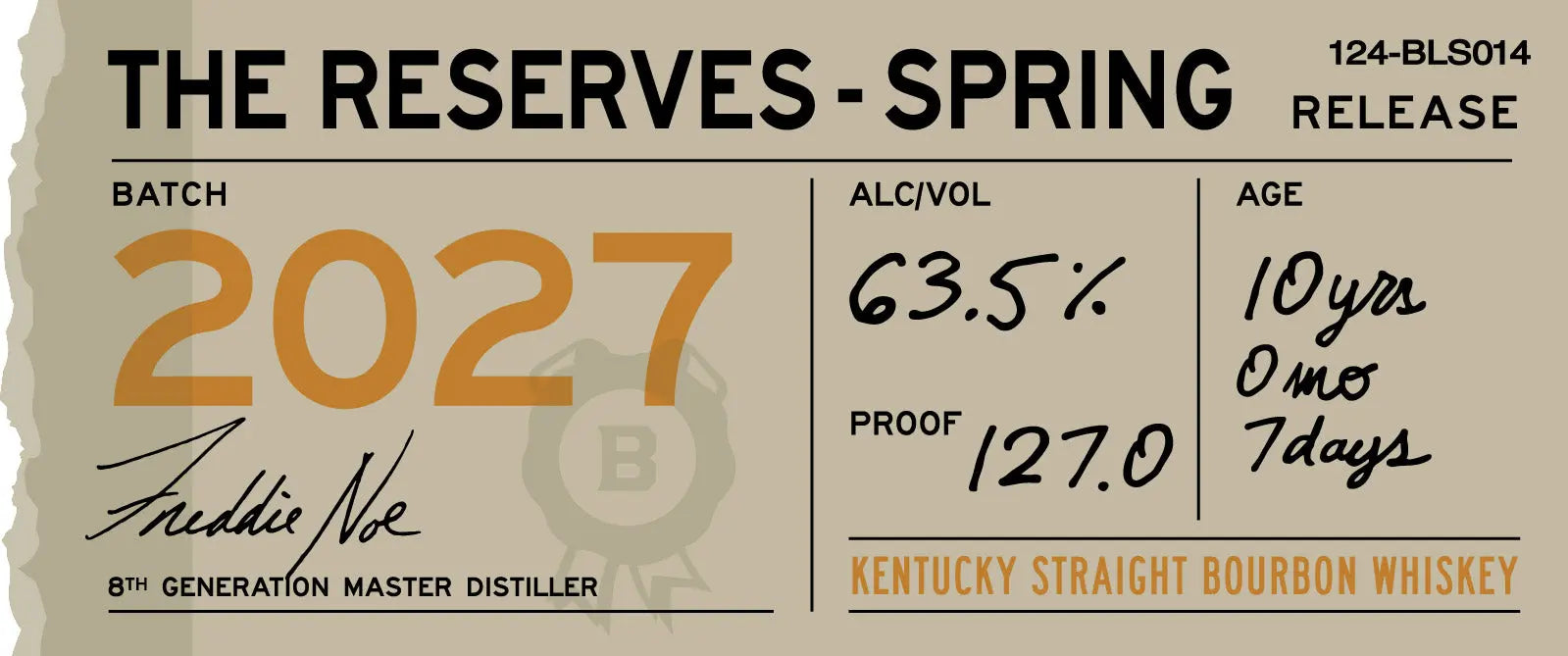 Booker's The Reserves Spring Release 2027 Bourbon 750mL – a limited release Kentucky Straight Bourbon Whiskey from Booker's, batch 2027, bottled at 63.5% alc/vol (127.0 proof), aged for 10 years, 0 months, and 7 days, and signed by the master distiller.