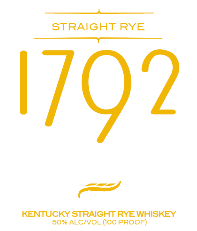 Bold yellow text reads 1792 Straight Rye Kentucky Straight Rye Whiskey 100 Proof, with a small grain graphic below. At the bottom, it lists 50% ALC/VOL (100 PROOF) and highlights the 1792 Bourbon brand on a clean white background.