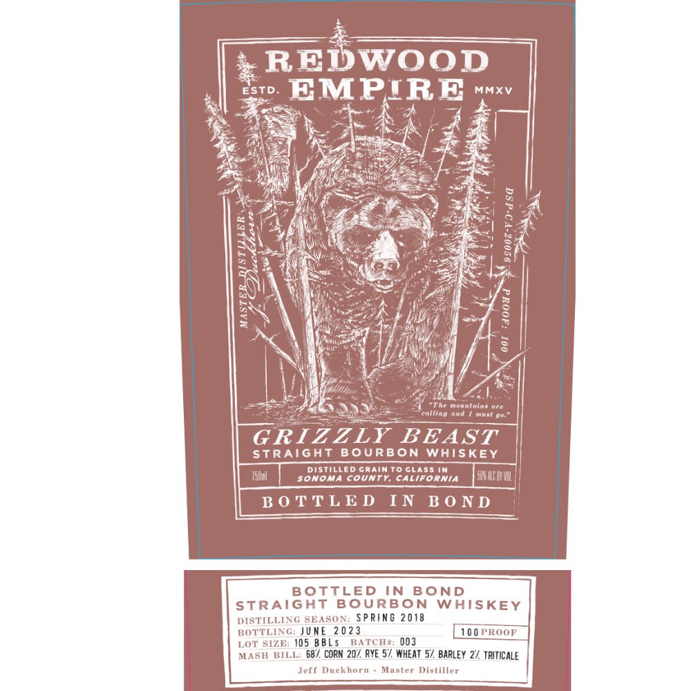 Redwood Empire Grizzly Beast Straight Bourbon Batch 003 Bourbon Redwood Empire Whiskey   