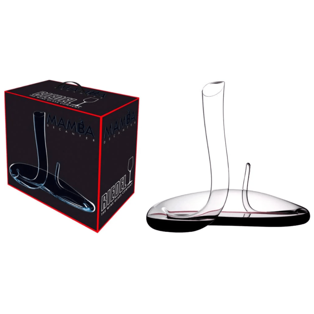Riedel Wine Decanter Mamba, featuring a distinctive curved crystal design for optimal wine aeration, is shown alongside its black packaging box labeled "Mamba Decanter" with an illustration of this elegant decanter on the side.