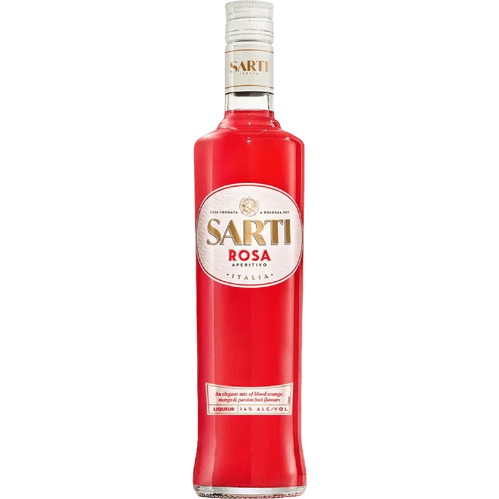 A 700mL bottle of Sarti Rosa Aperitivo Liqueur by Sarti, an Italian aperitivo liqueur with a vibrant red color, gold and white label featuring Italian text, and a white cap.