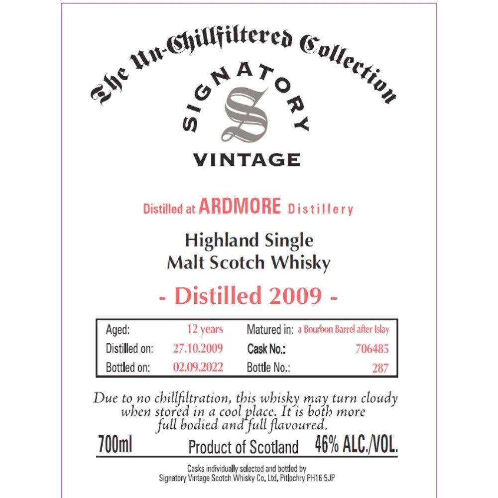 Signatory The Un-Chillfiltered Collection 12 Year Old Ardmore 2009 Scotch Signatory   