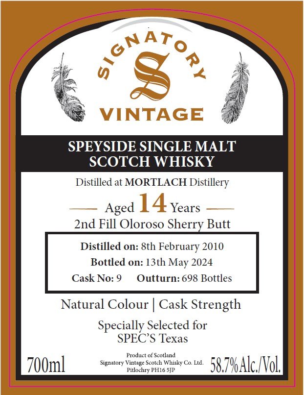 Signatory Vintage Mortlach 14 Year Old Speyside Single Malt Scotch Whisky 2nd Fill Oloroso Sherry Butt, Cask Strength - Main Street Liquor