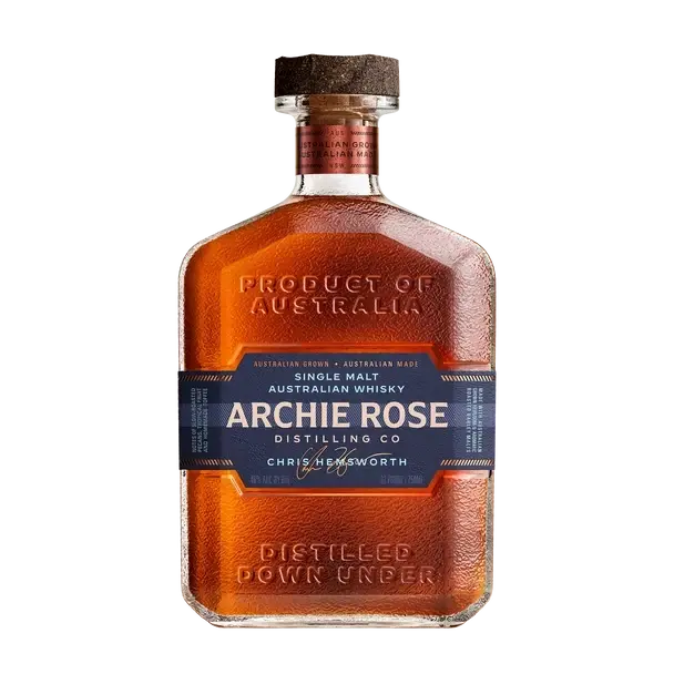 A square glass bottle of Archie Rose Single Malt Australian Whisky with a cork stopper and a dark blue label featuring the product name and a signature.
