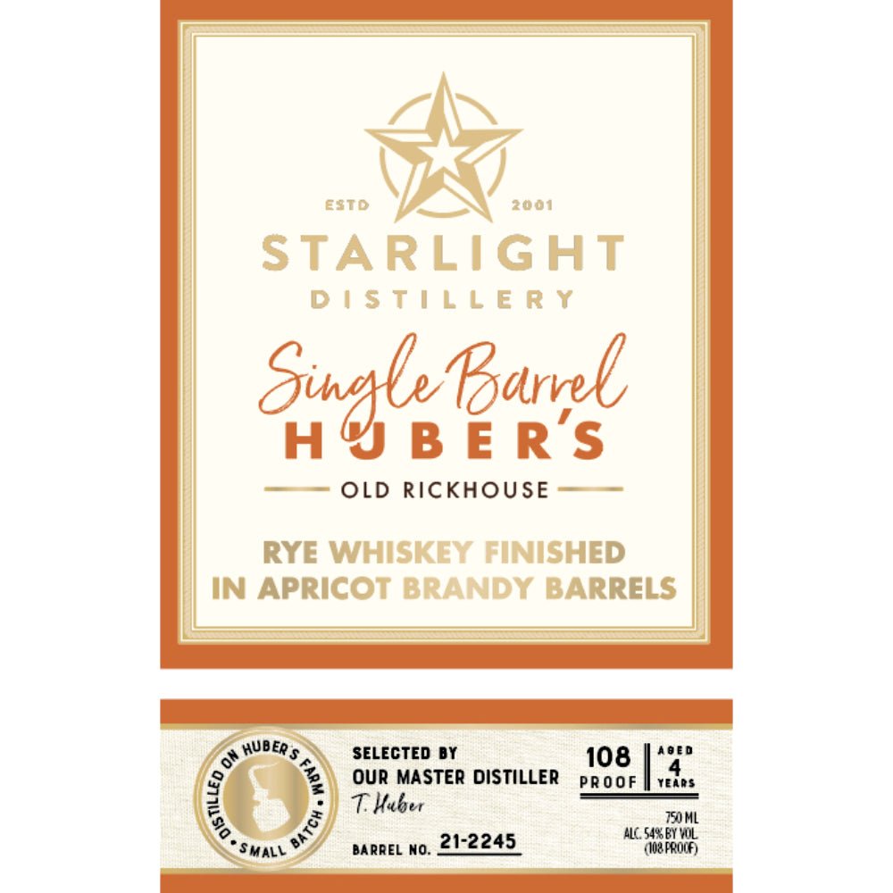 Starlight Rye Whiskey Finished in Apricot Brandy Barrels Rye Whiskey Starlight Distillery   