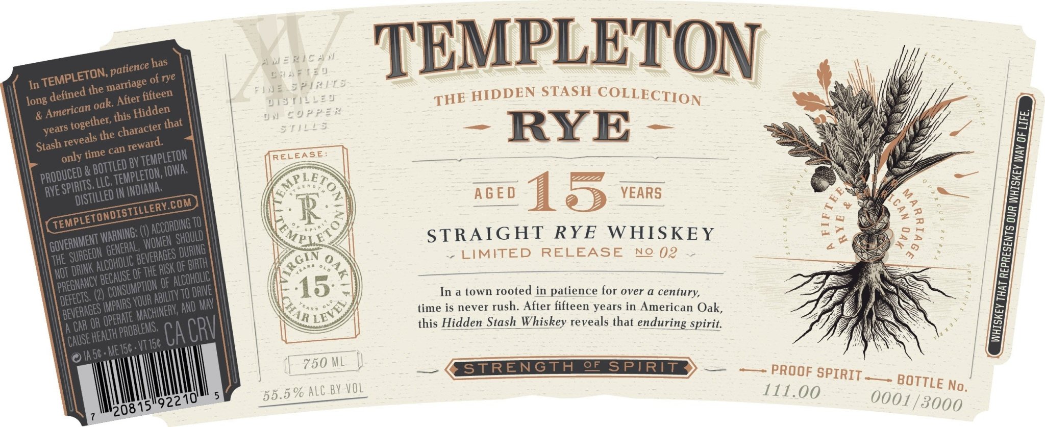Templeton Rye’s Hidden Stash 15 Year Straight Rye Whiskey (Pre-Order) label showcases artful illustrations of rye plants and roots, accompanied by prominent text such as “15 years aged,” “Strength of Spirit,” “Hidden Stash Collection,” and the bottle’s proof. Featuring a cream background with ornate gold accents, the design captures the exclusivity of this limited release, crafted by Templeton Rye for discerning collectors.