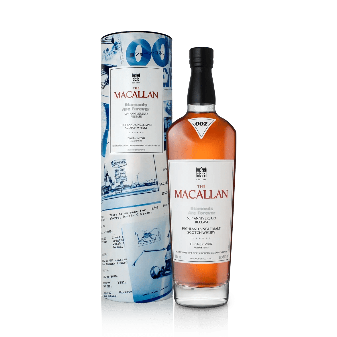 A bottle of The Macallan 007 Diamonds Are Forever 55th Anniversary Release Single Malt Scotch Whisky stands next to its blue James Bond-themed cylindrical box, both featuring The Macallan branding.
