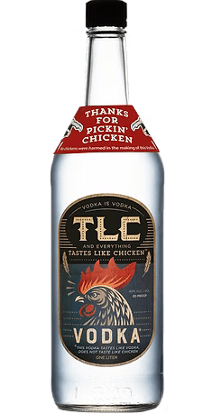 TLC Vodka Taste Like Chicken by TLC Vodka comes in a clear glass bottle with a chicken label and red “THANKS FOR PICKIN’ CHICKEN” tag. Enjoy smooth American corn vodka—order TLC Vodka Taste Like Chicken online today!.