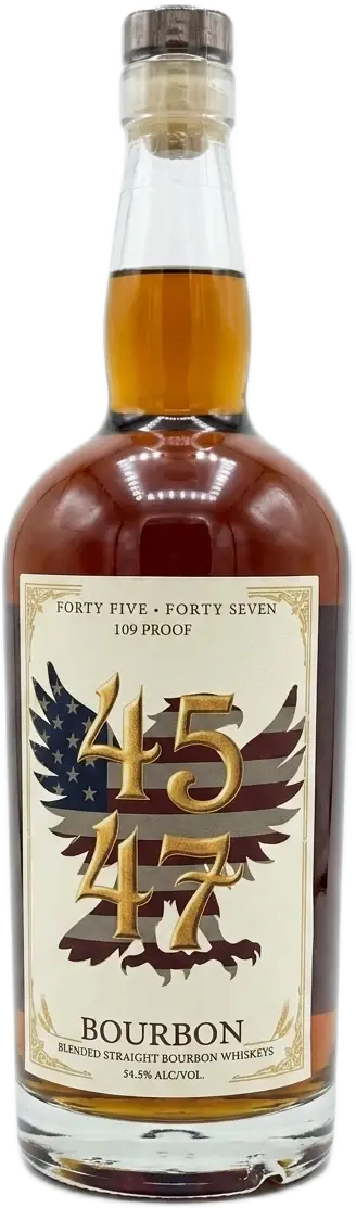 A bottle of The Nashville Distillery’s 4547 Blended Straight Bourbon Whiskey, proudly labeled as 109 Proof Bourbon with 54.5% alcohol by volume, features an eagle and American flag on the label. This American whiskey stands out as a true representation of craftsmanship—4547 Blended Straight Bourbon Whiskey at its finest.