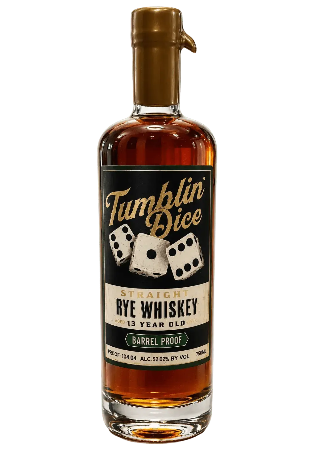 A 700mL bottle of Tumblin’ Dice 13 Year Old Barrel Proof Straight Rye Whiskey features a label decorated with three dice and gold lettering. This straight rye whiskey is aged for 13 years, bottled at barrel proof with an ABV of 52.02%, and proudly carries the Barrel Proof designation.
