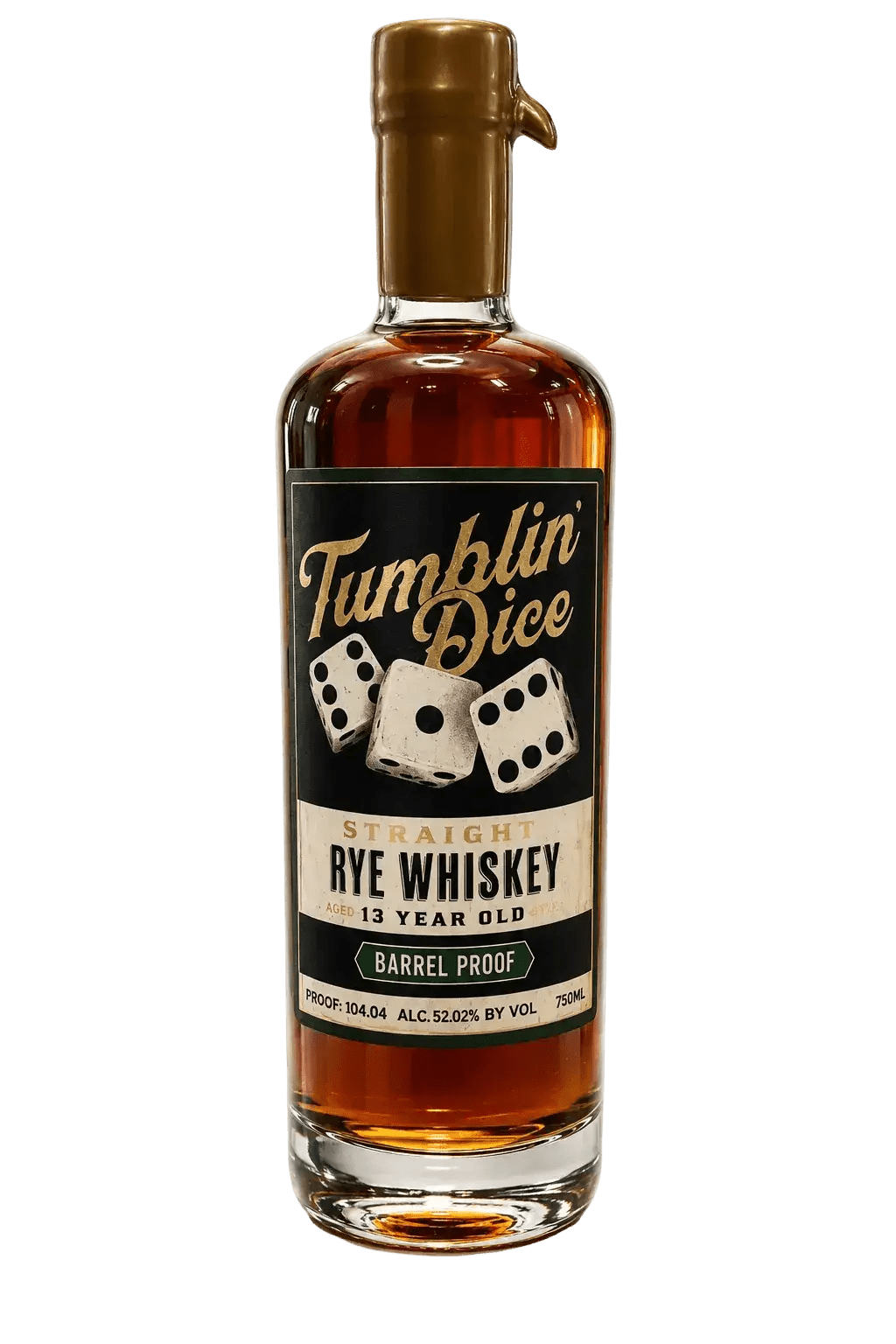 A 700mL bottle of Tumblin’ Dice 13 Year Old Barrel Proof Straight Rye Whiskey features a label decorated with three dice and gold lettering. This straight rye whiskey is aged for 13 years, bottled at barrel proof with an ABV of 52.02%, and proudly carries the Barrel Proof designation.