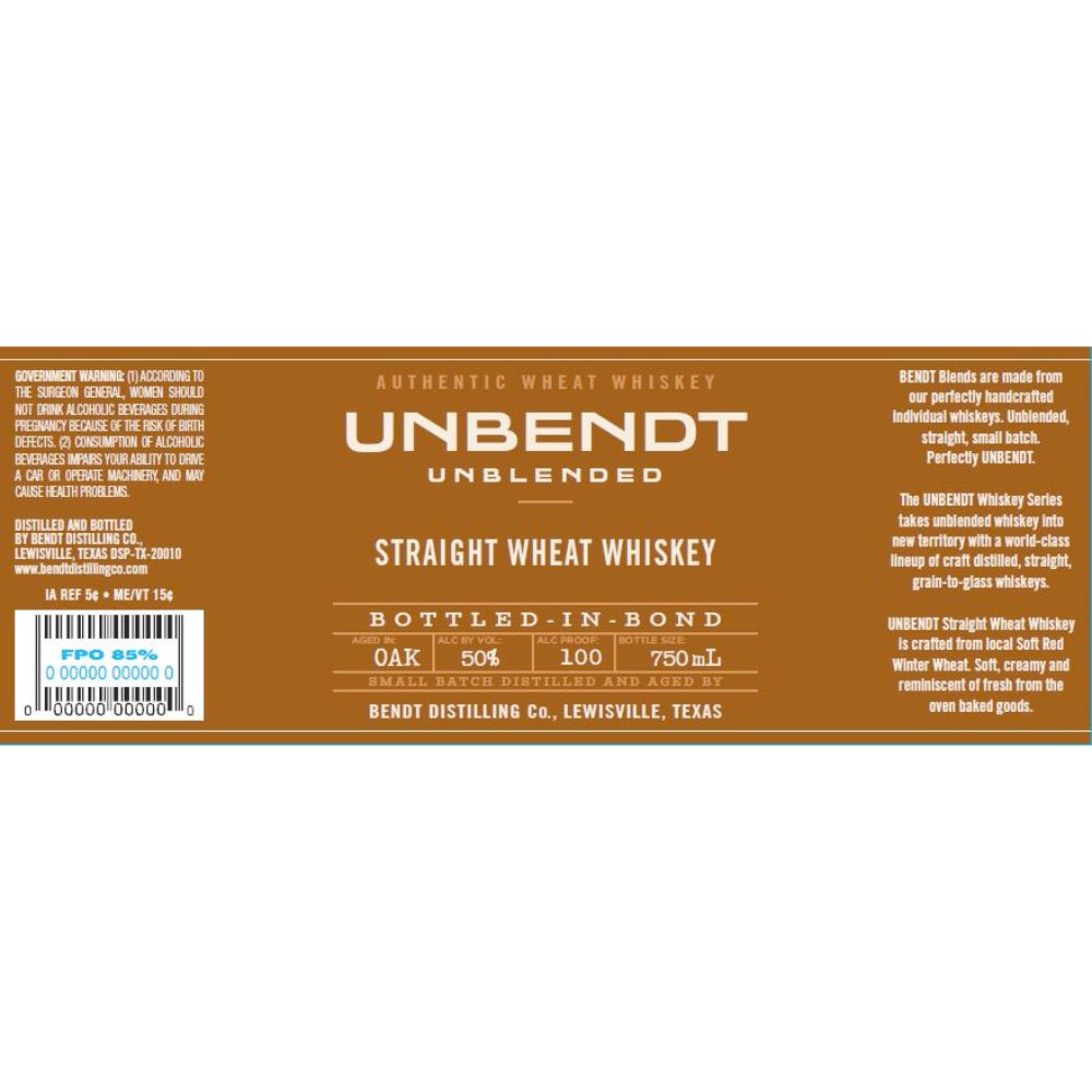 UNBendt Straight Wheat Whiskey Bottled-in-Bond Wheat Whiskey BENDT Distilling   