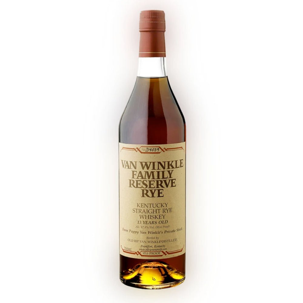 A bottle of Pappy Van Winkle's Van Winkle Family Reserve 13 Year Old Rye, featuring a cream label with brown text and cap, contains Kentucky Straight Rye Whiskey aged 13 years with bold flavors and rich copper color.