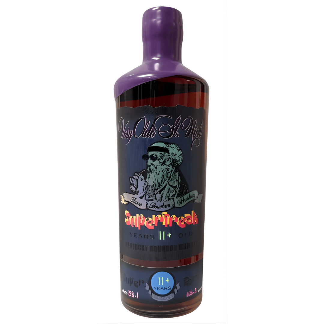 A bottle of Olde St. Nick’s Very Olde St. Nick Superfreak 11+ Year Kentucky Straight Bourbon Whiskey with a purple wax seal and a label showing a bearded figure in sunglasses and a hat.