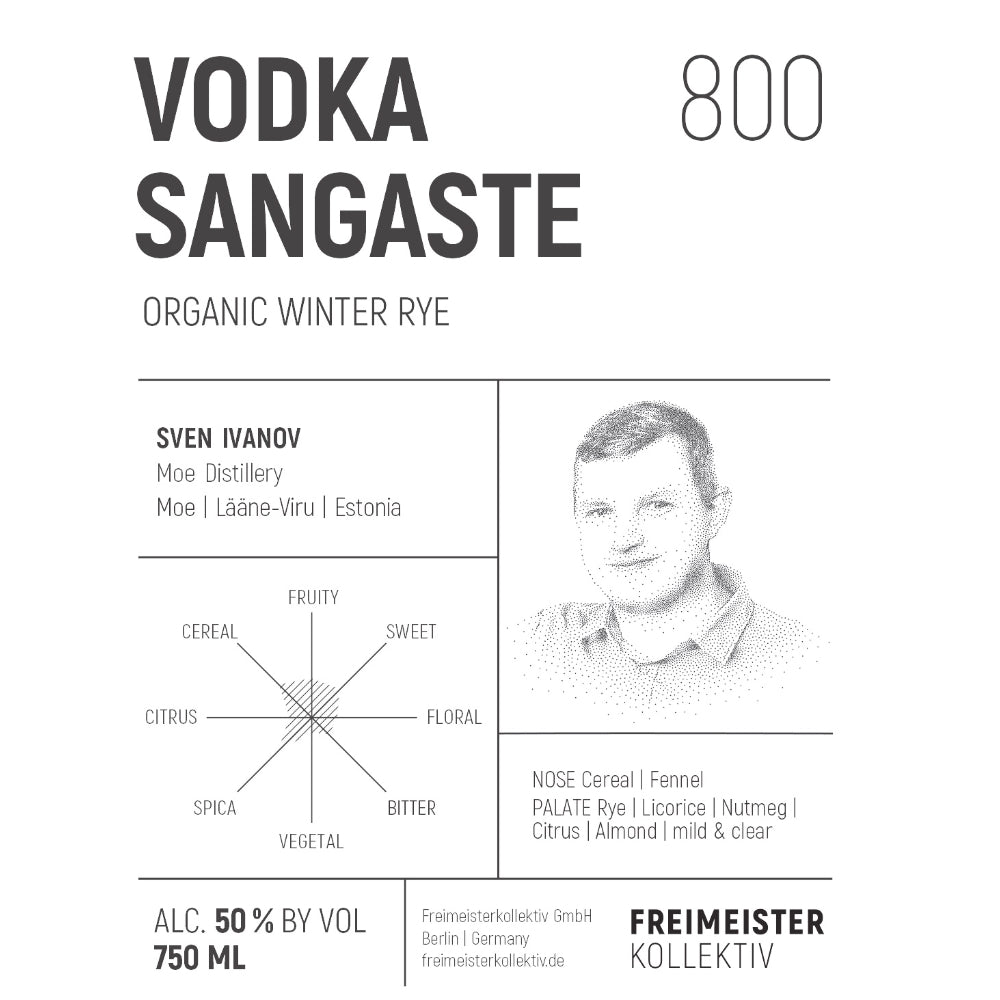 Vodka Sangaste 800 Organic Winter Rye Vodka Vodka Freimeister Kollektiv   