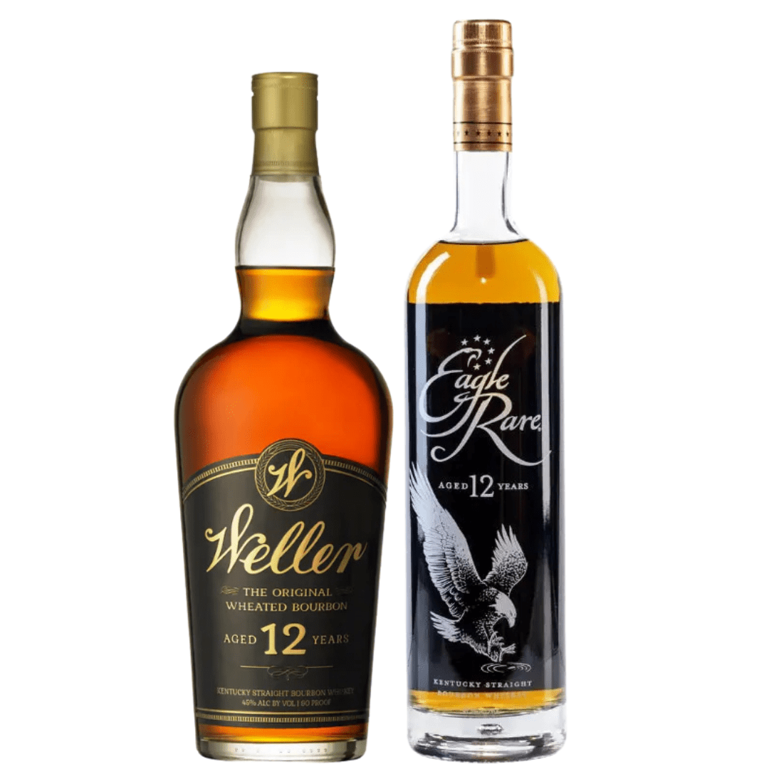 The Buffalo Trace Weller Rare Elite Bundle features Weller 12 Year and Eagle Rare 12 Year bourbons, both with rich amber liquid. Weller appears on the left, Eagle Rare on the right.