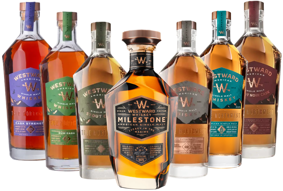 Westward Whiskey American Legacy 7-Bottle Bundle – Milestone Edition No. 4, Cask Strength, Rum Cask, Stout Cask, PX Sherry Cask, Pinot Noir Cask & Single Malt (Pre-Order) - BuyMyLiquor