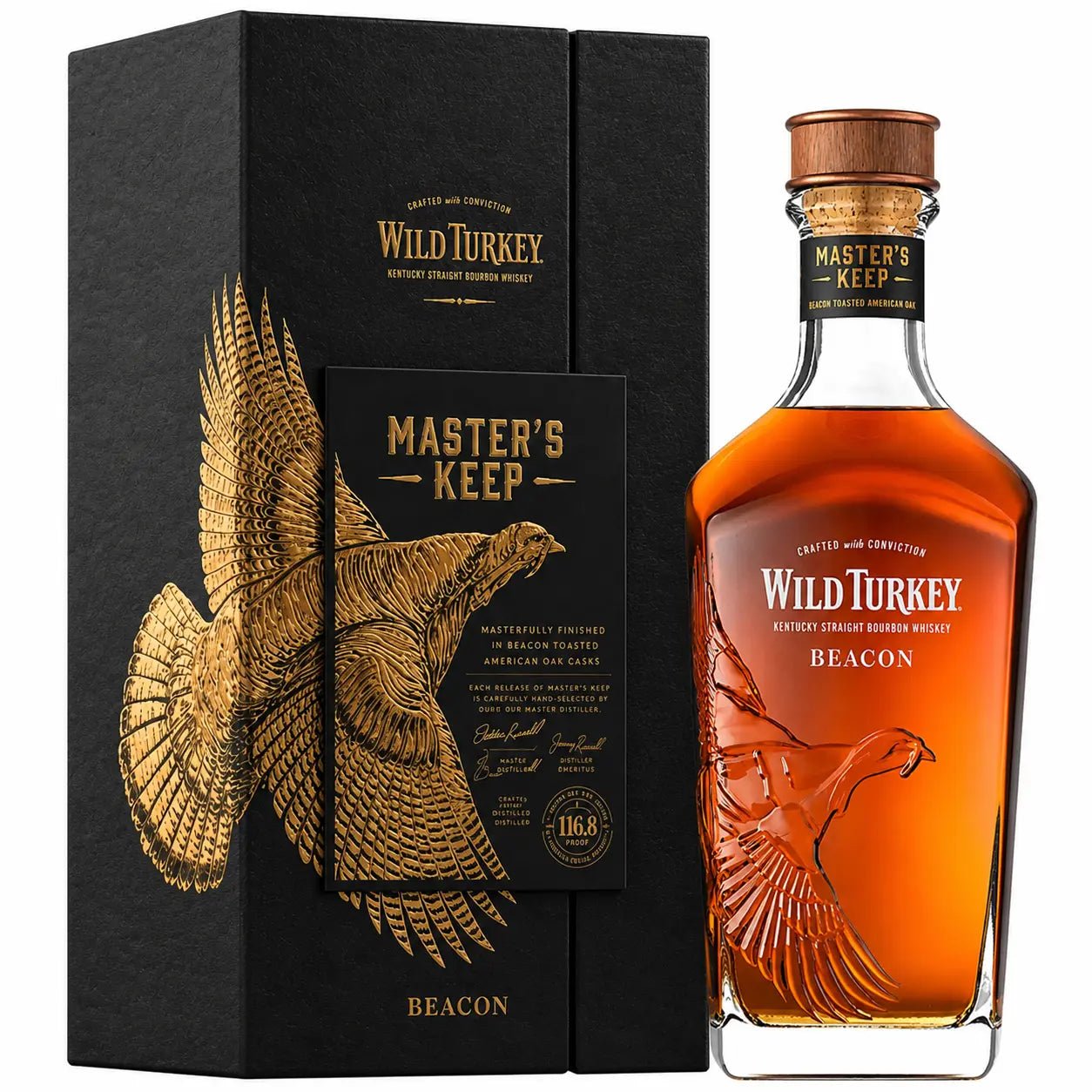 Wild Turkey Master’s Keep Beacon by Wild Turkey is a limited edition Kentucky Straight Bourbon Whiskey, elegantly presented in a glass bottle with a cork and packaged in an eye-catching black and gold box featuring an illustrated soaring turkey, emphasizing its premium heritage.