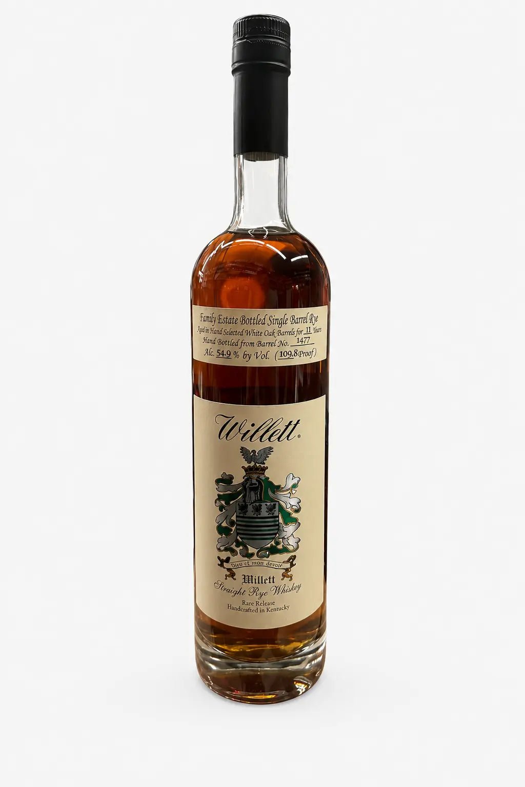 A bottle of Willett Family Estate 11 Year Single Barrel Rye PAC EDGE SOCAL 2025 (750mL) from Willett Distillery, a distinguished single barrel rye whiskey with a beige label, black cap, and family crest on the front, set against a plain white background.