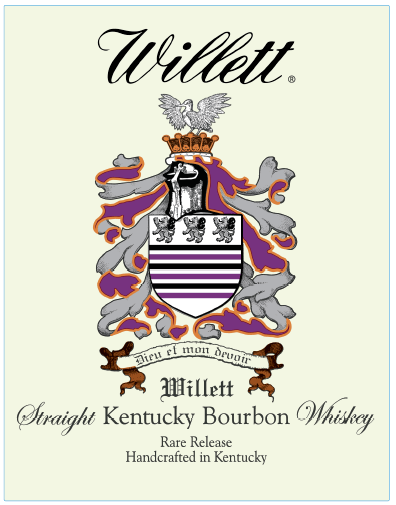 Label for Willett Family Estate Small Batch Bourbon 4 Year Cask Strength 750ml by Willett Distillery, a Kentucky bourbon. Features a family crest with bird, shield, and banner 'Vires et mon devoir'. Text: Rare Release, Handcrafted in Kentucky.
