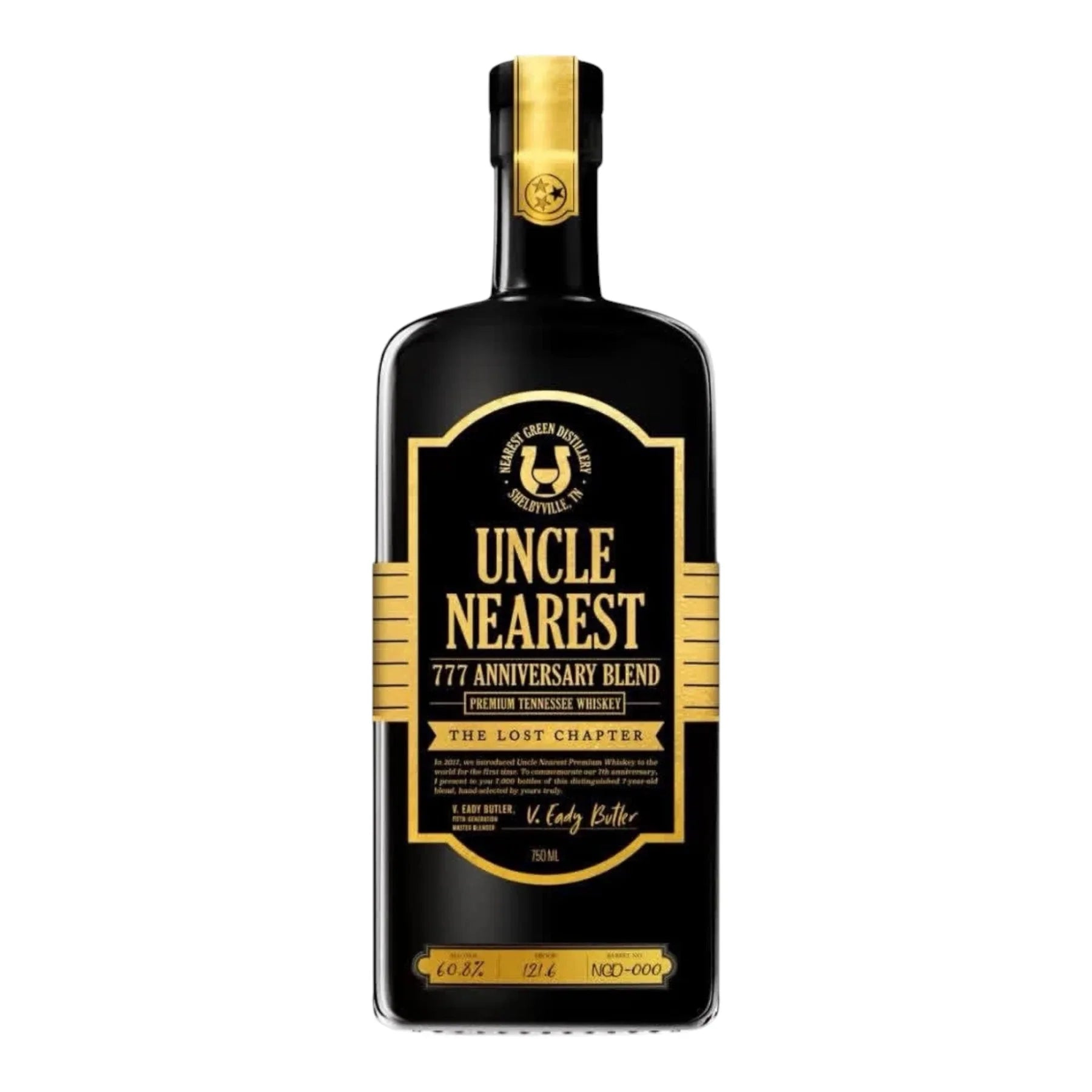 A black bottle of Uncle Nearest The Lost Chapter 777 Anniversary Blend Tennessee whiskey with gold and white label accents, a gold horse logo, and “The Lost Chapter” text—a true limited release collectible from Uncle Nearest.