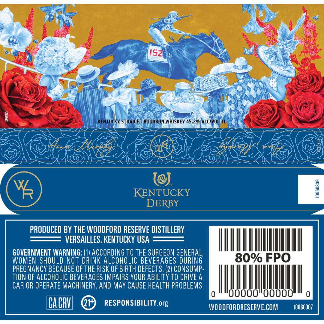 The Woodford Reserve Kentucky Derby 152 Edition 1L whiskey label features red roses, blue and white horses with jockeys, stylized leaves, and the Woodford Reserve logo. Text includes a government warning, barcode, and 80% FPO box.
