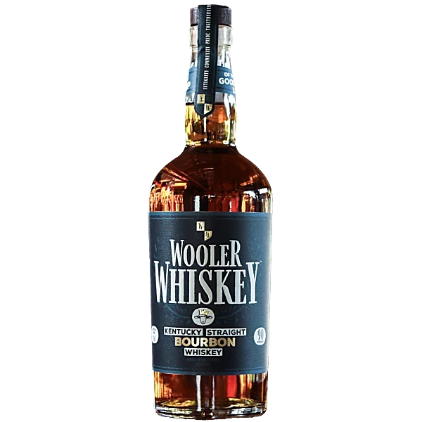 A bottle of Main Street Liquor’s Wooler Whiskey Kentucky Straight Bourbon Whiskey, an American bourbon bottled at 90 proof, featuring a dark blue label and black cap, displayed against a plain white background.